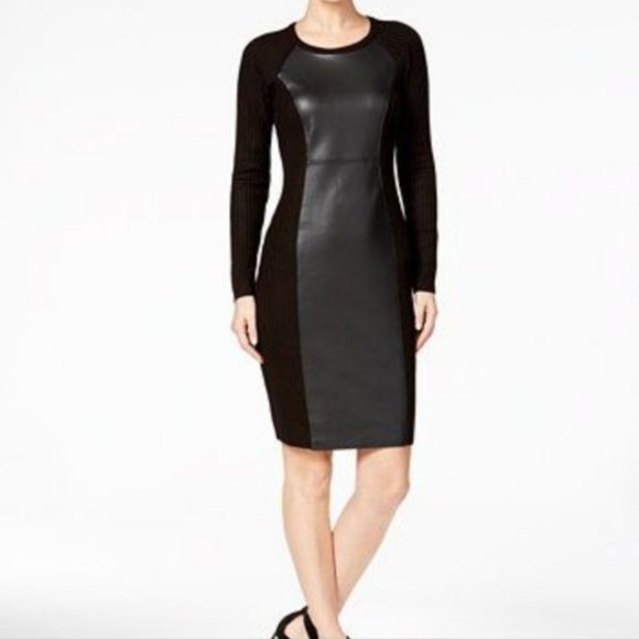 Calvin Klein Dresses & Skirts - Calvin Klein Body Con Black Ribbed Knit Sweater Dress Faux Leather Medium